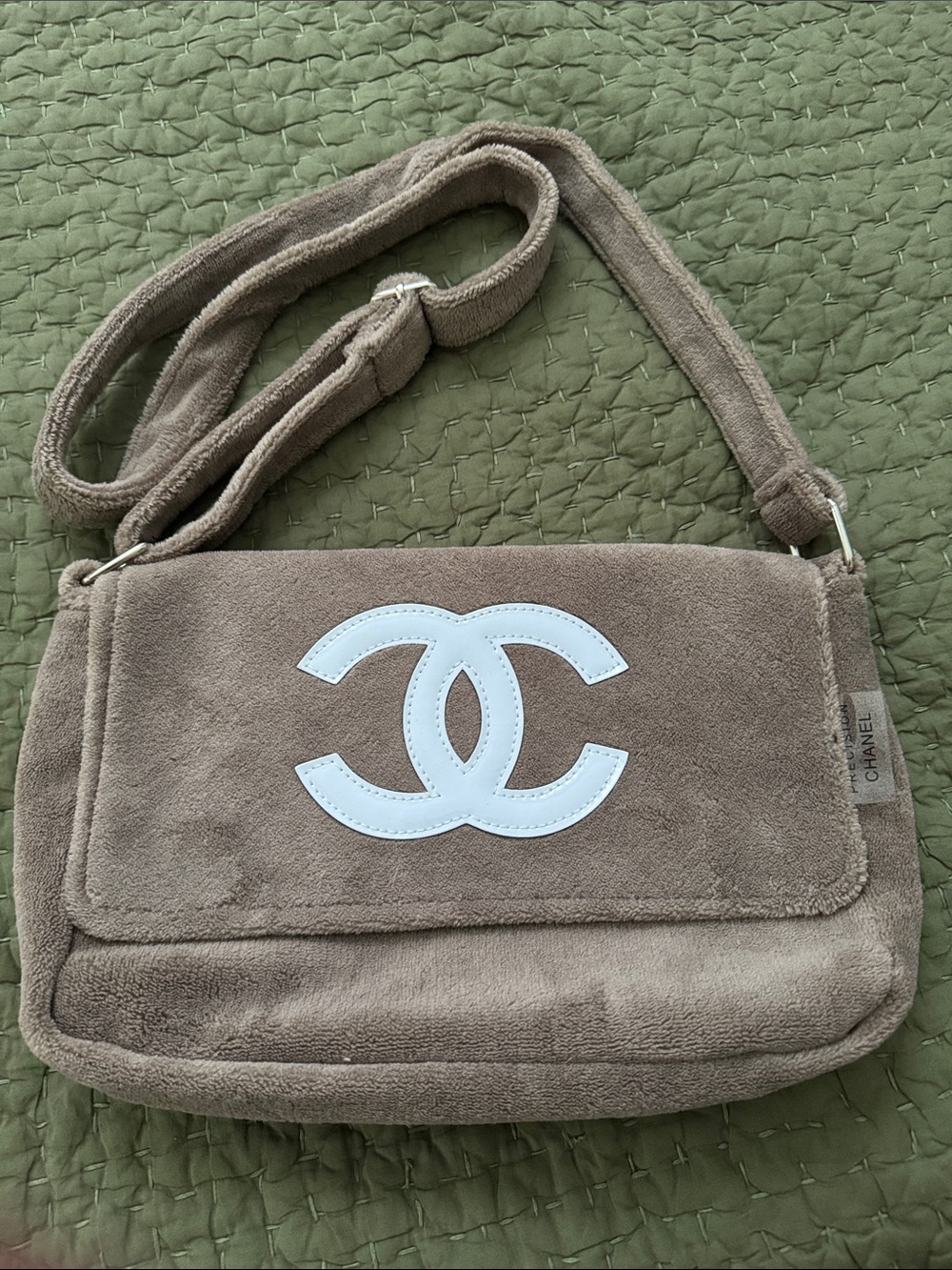 CHANEL Taupe Adjustable Shoulder Bag with White CC Logo - Picture 9 of 9